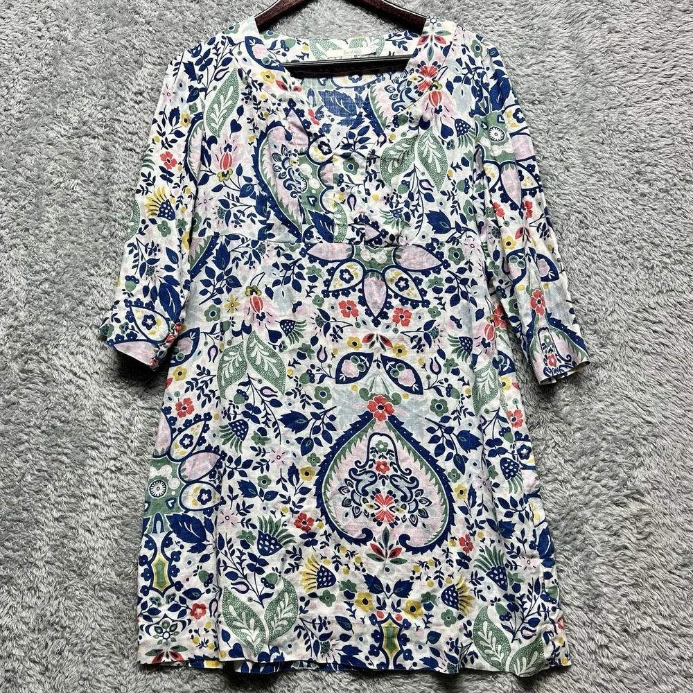 Boden Dress Womens Petite 8P Floral Paisley Jessa Linen Tunic 3/4 Sleeve V Neck - Picture 2 of 12